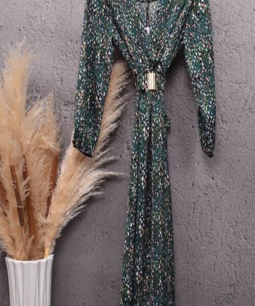 שמלה מקסי הדפס עם חגורה לאה | ירוק
