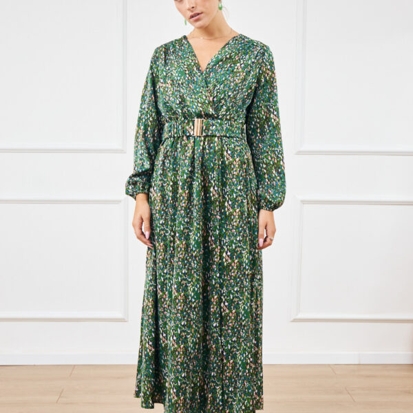 שמלה מקסי הדפס עם חגורה לאה | ירוק