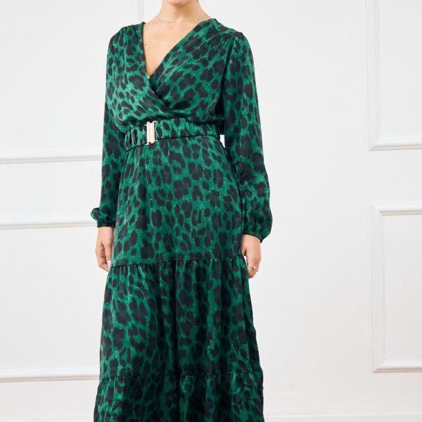 שמלה מקסי הדפס מנומר עם חגורה טינה | ירוק