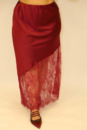 חצאית סאטן תחרה Lina | בורדו