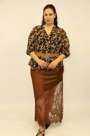 חצאית סאטן תחרה Lina | שוקו – IV-AC3278-CHOCO