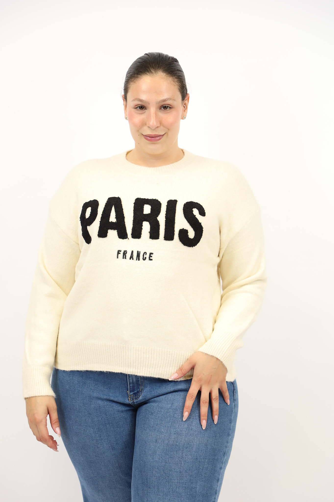 סריג עם כיתוב PARIS|קרם – BY-SW8091-5-ECRU