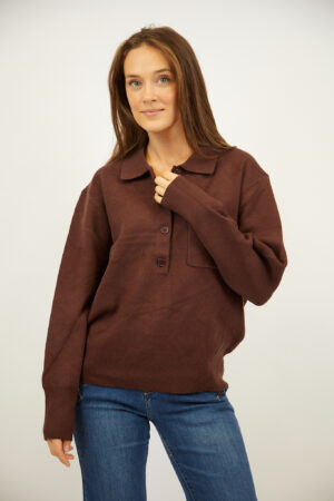 סריג עם כפתורים וצווארון פולו Adèle | חום – INAP-AR846-BROWN