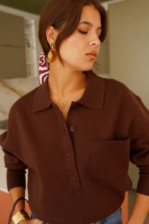 סריג עם כפתורים וצווארון פולו Adèle | חום