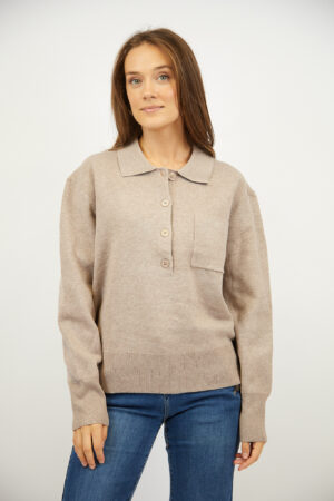סריג עם כפתורים וצווארון פולו Adèle | אבן – INAP-AR846-TAUPE