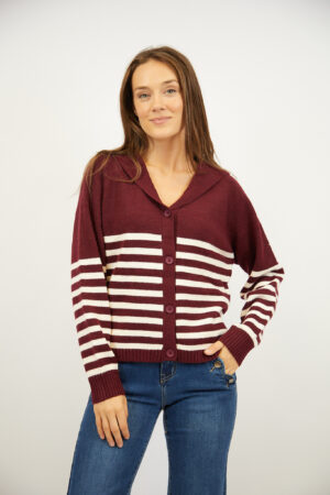 קרדיגן פסים צווארון וי סגנון ימי Lola | בז בורדו – INAP-AR968-BEIBOR