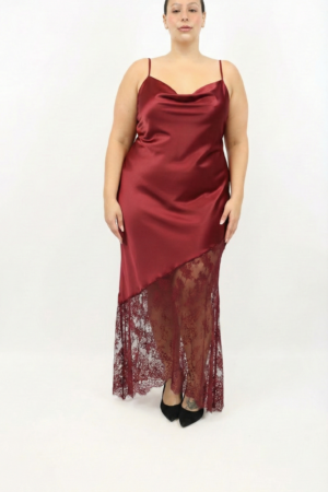 שמלה סאטן שילוב תחרה Lily | בורדו – IV-AC7877-BORDO