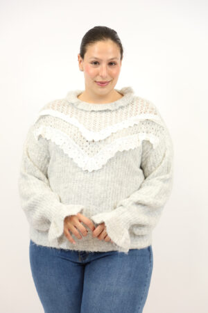 סריג עם שורות תחרה Julie | אפור – ML-251099-5-GREY