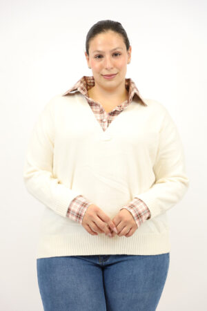 סריג  בשילוב חולצה משובצת בצווארון Shanon | בז – ML-F72231-5-BEIGE