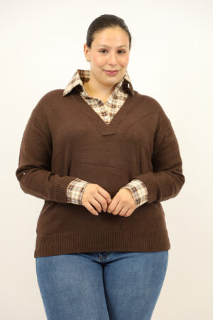 סריג  בשילוב חולצה משובצת בצווארון Shanon | קפה – ML-F72231-5-CAFE