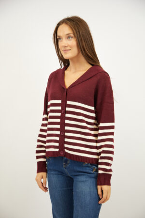 קרדיגן פסים צווארון וי סגנון ימי Lola | בז בורדו