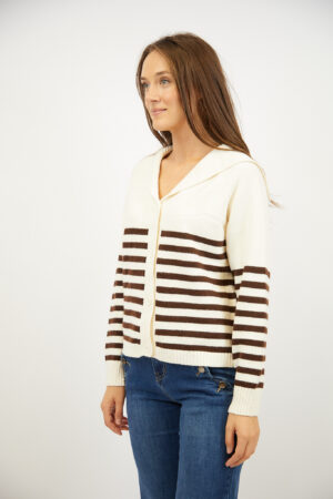 קרדיגן פסים צווארון וי סגנון ימי Lola | בז חום