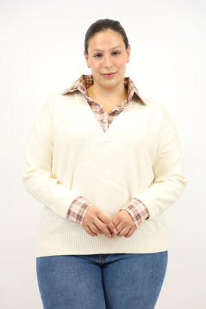 סריג  בשילוב חולצה משובצת בצווארון Shanon | בז